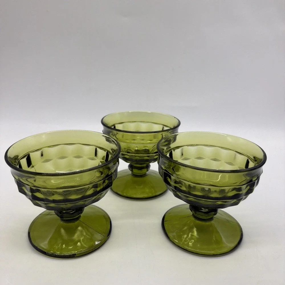 VTG Indiana Glass Colony Whitehall Avacado Green Sherbet/Dessert Dish. Set Of 3.